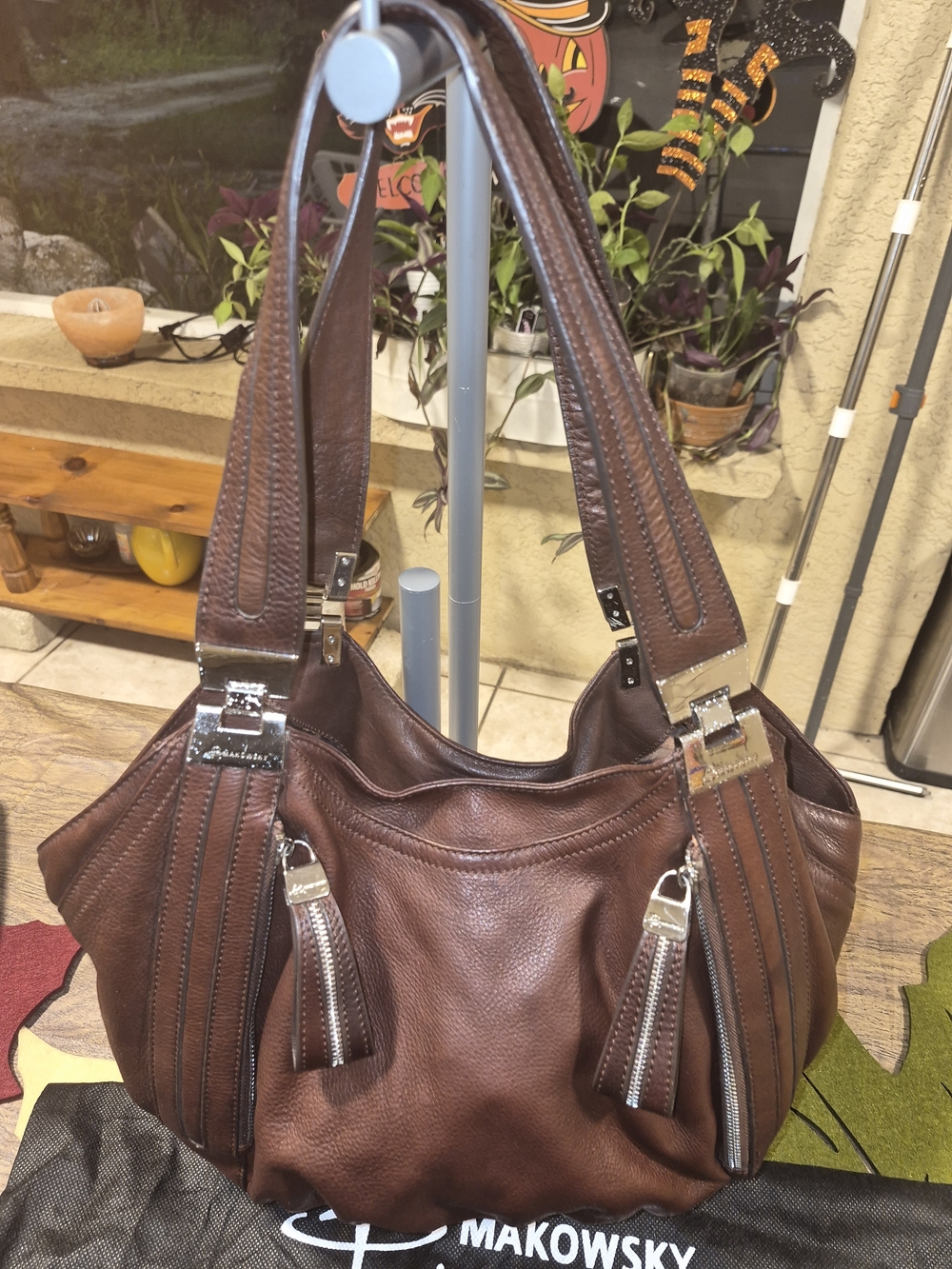 B. makowsky Brown Leather Satchel with Silver Hardware